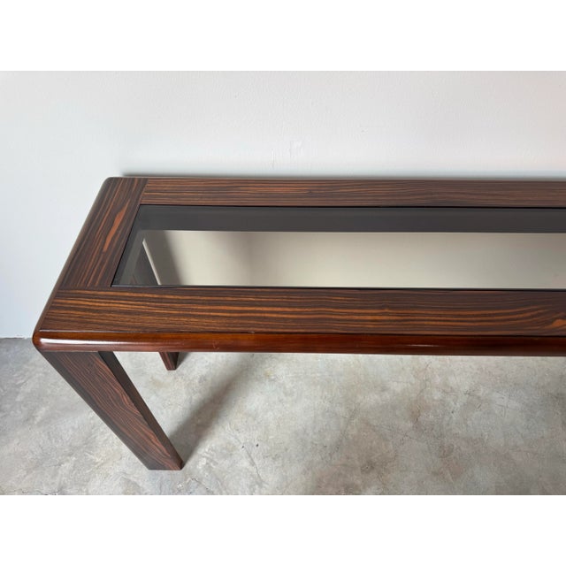 Wood Vintage Macassar Ebony Console Table With Smoked Glass Inset Top by Baker Furniture/ Sold For Sale - Image 7 of 12