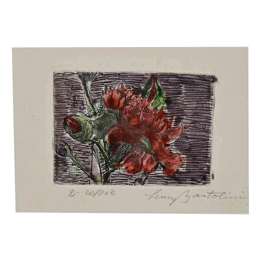 Luigi Bartolini, Flowers, Original Etching and Watercolor by Luigi Bartolini, 1950s For Sale
