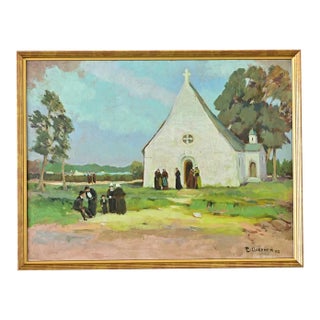 Oil Painting of a Churchyard by Lucien Quenard For Sale