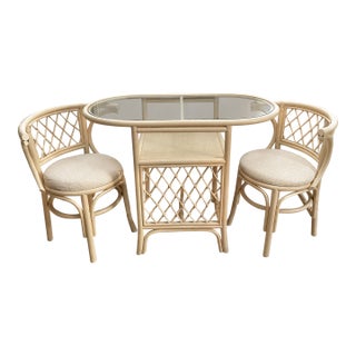 Vintage Coastal Rattan Bistro Set With Glass Table & Two Barrel Chairs For Sale