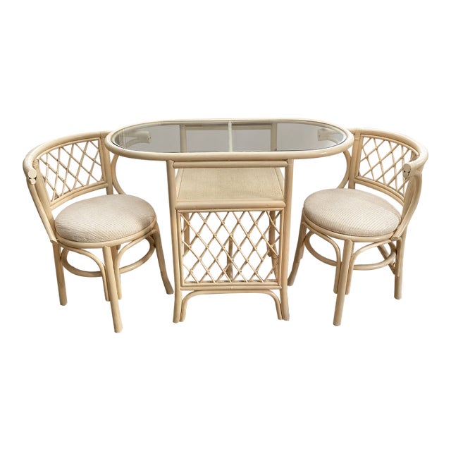 Vintage Coastal Rattan Bistro Set With Glass Table & Two Barrel Chairs For Sale