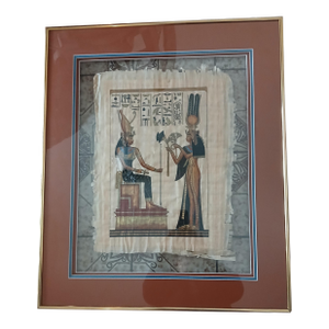 1980s Egyptian Vintage Large Papyrus Painting of Queens in Frame