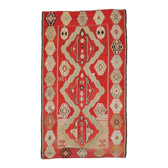 Mid 20th Century Vintage Red Turkish Large Kilim Rug For Sale