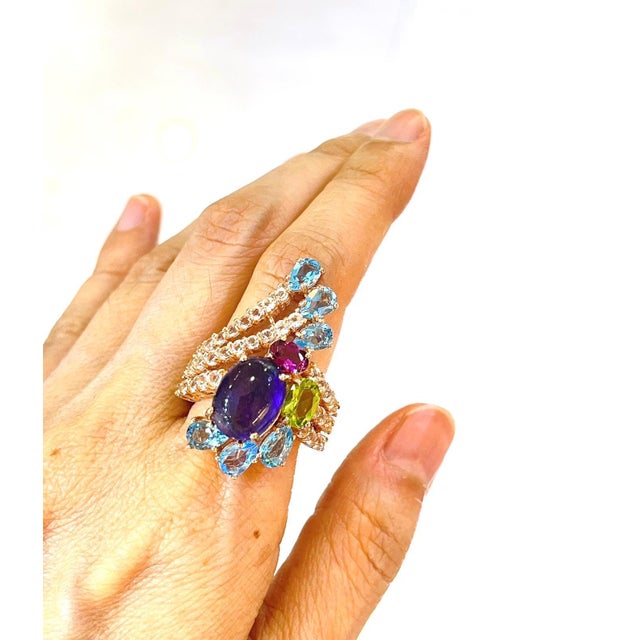 Blue Bochic "Capri" Vintage Sapphire & Multi Gem Cocktail Ring 18k Gold & Silver For Sale - Image 8 of 18