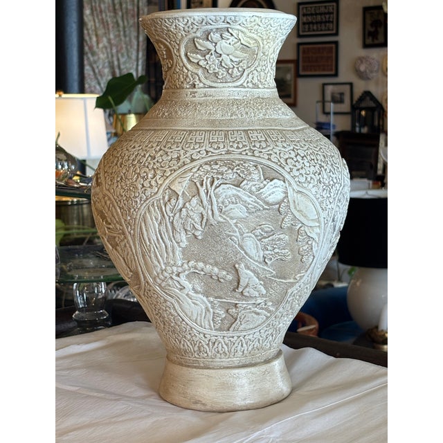 Vintage Chalkware Vase or Vessel in Deep Relief With Traditional Chinese Imagery For Sale - Image 9 of 9