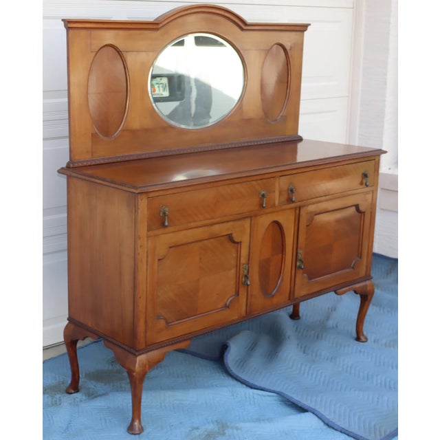 American 1940s Vintage Oak Sideboard Server With Beveled Mirror For Sale - Image 3 of 13
