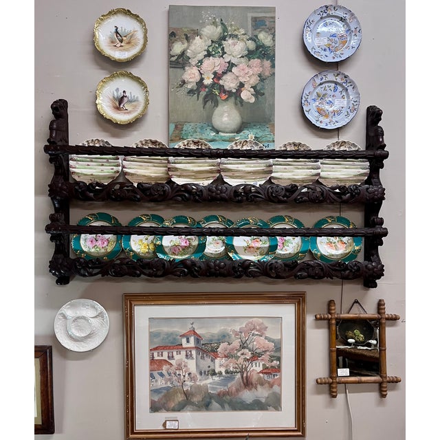 Traditional Antique Late 1800s Belgian Carved Oak Plate Rack – Griffin 55" Wall Shelf For Sale - Image 3 of 18