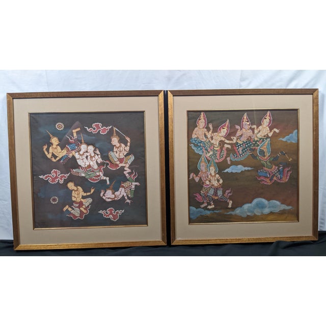 Gold Late 20th Century Pair of Thai Celestial Figure Paintings on Fabric, Gilt Frames For Sale - Image 8 of 14