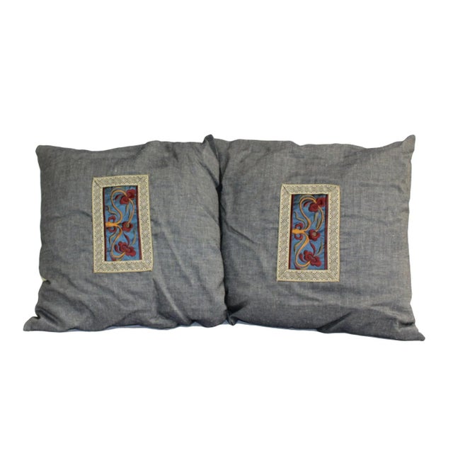 2010s Gray Color Square Flower Theme Fabric Couch Sofa Cushions - a Pair For Sale - Image 5 of 5