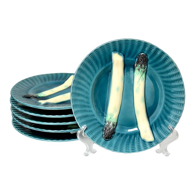 Vintage French Barbotine Majolica Asparagus Plates, Set of 6 For Sale