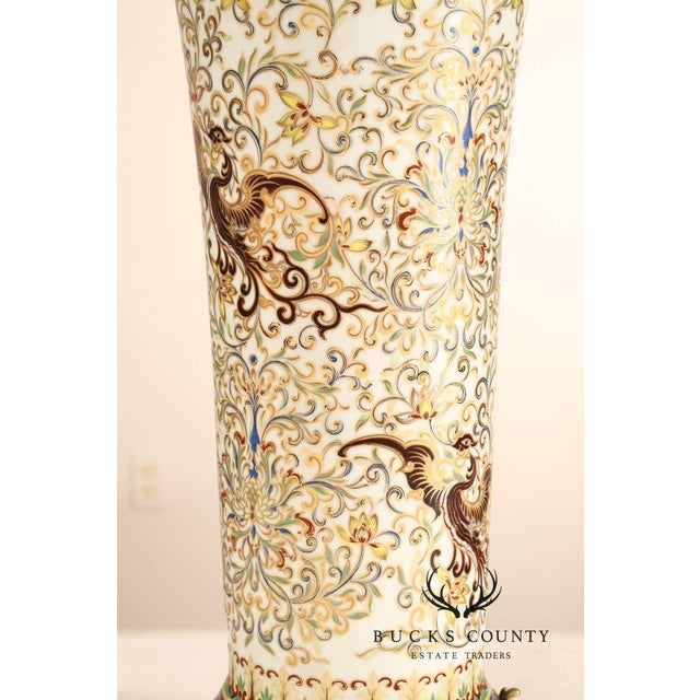 Hand Painted Porcelain Decorative Vase with Gilded Metal Base and Cap For Sale - Image 12 of 17