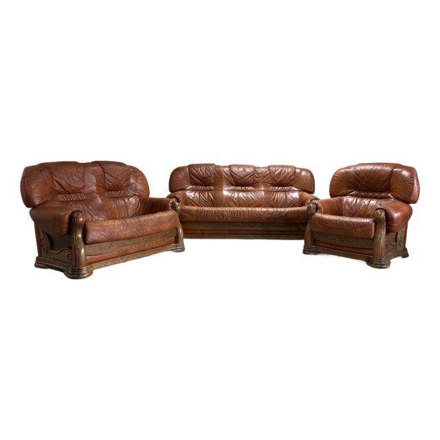 European Leather & Oak Sofa Set For Sale