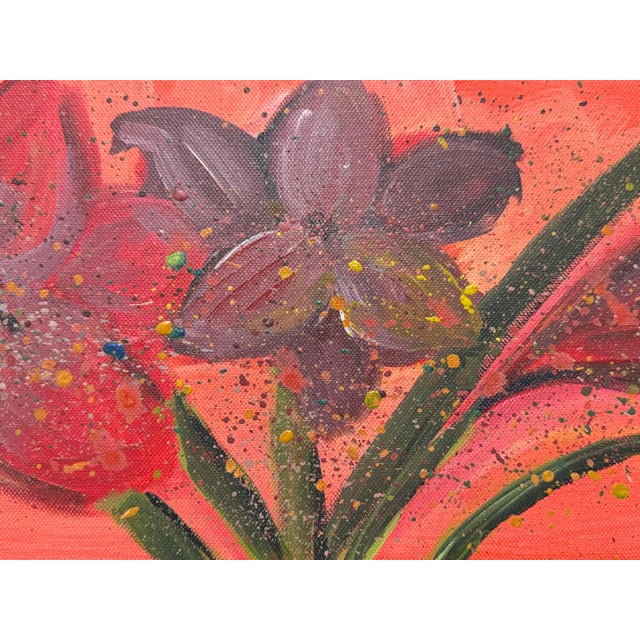 Contemporary Vibrant abstract red flowers with splashes of green & yellow on box canvas 2007 For Sale - Image 3 of 8
