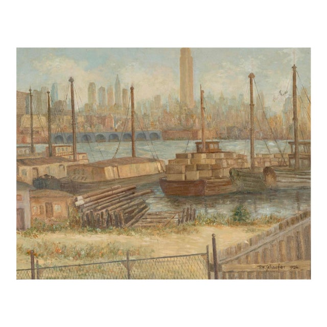 Original p.f. Schaefer Industrial Chic Oil Painting of Shipyards For Sale