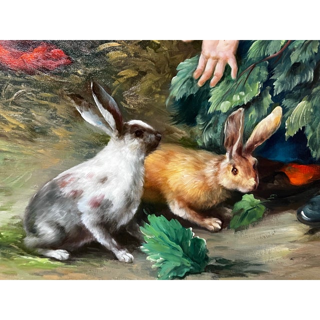 Late 20th Century Large Late 20th Century Framed Painting of Child Feeding Rabbits in the Style of Düsseldorf School Artist Felix Schlesinger For Sale - Image 5 of 12