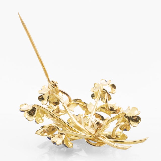 Vintage 18k Gold Italian Floral Brooch With Enamel and Pearls For Sale - Image 4 of 9