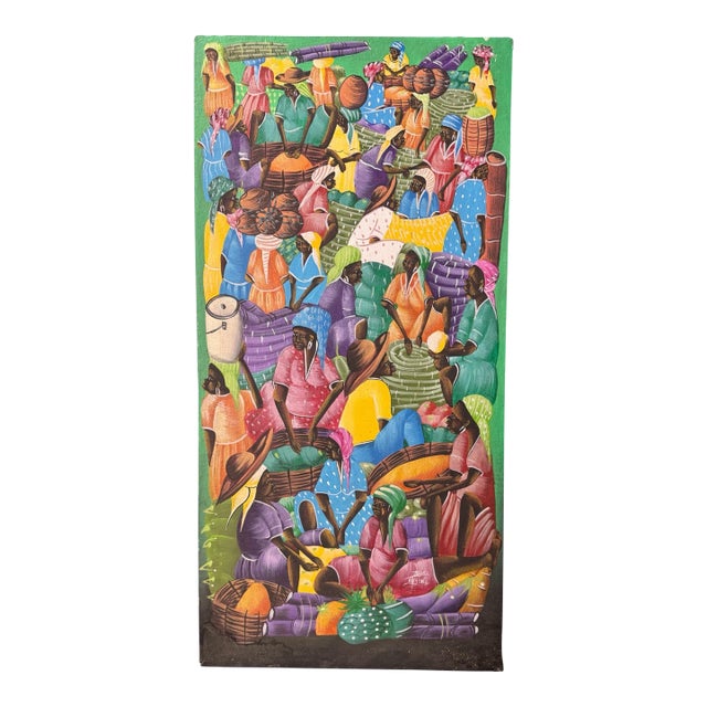 Late 20th Century Vintage Artist Signed Haitian Market Scene Oil Painting on Canvas For Sale