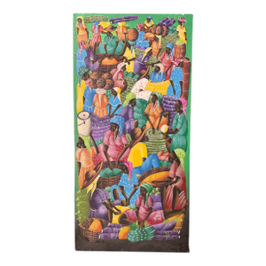 Late 20th Century Vintage Artist Signed Haitian Market Scene Oil Painting on Canvas
