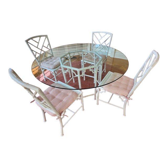 Palm Beach Faux Bamboo Indoor Outdoor Glass Dining Table and Four Matching Chairs in the Style of Brown Jordan, Set of 5 For Sale