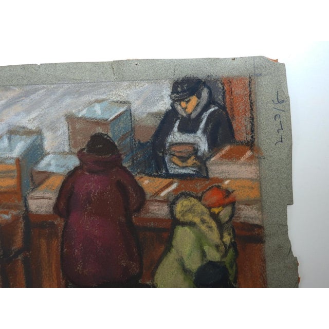 Mid 20th Century Mid 20th Century Winter Street Market Pastel Painting For Sale - Image 5 of 6