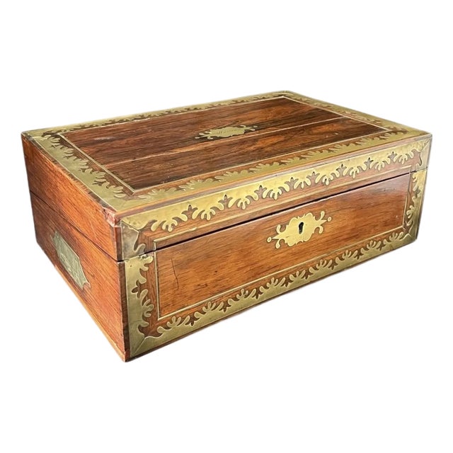 Antique Victorian Early 19th C Brass Bound Mahogany Lap Desk Writing Box For Sale