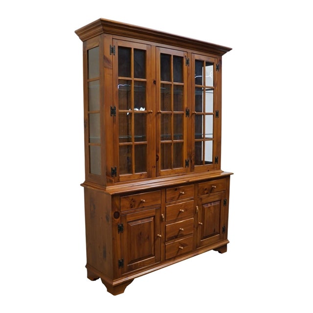 French Country Ethan Allen Country Craftsman Solid Knotty Pine Early American Country French 62" Buffet W. Lighted Display China Cabinet 19-6326 / 19-6328 For Sale - Image 3 of 15
