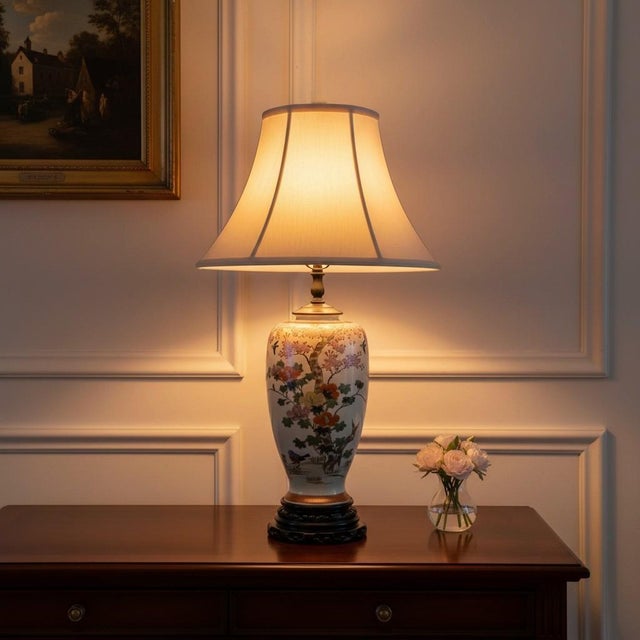 Wood Vintage Satsuma Style Porcelain Table Lamp-Floral-Birds-Crackle Glaze-Wood Base For Sale - Image 7 of 10