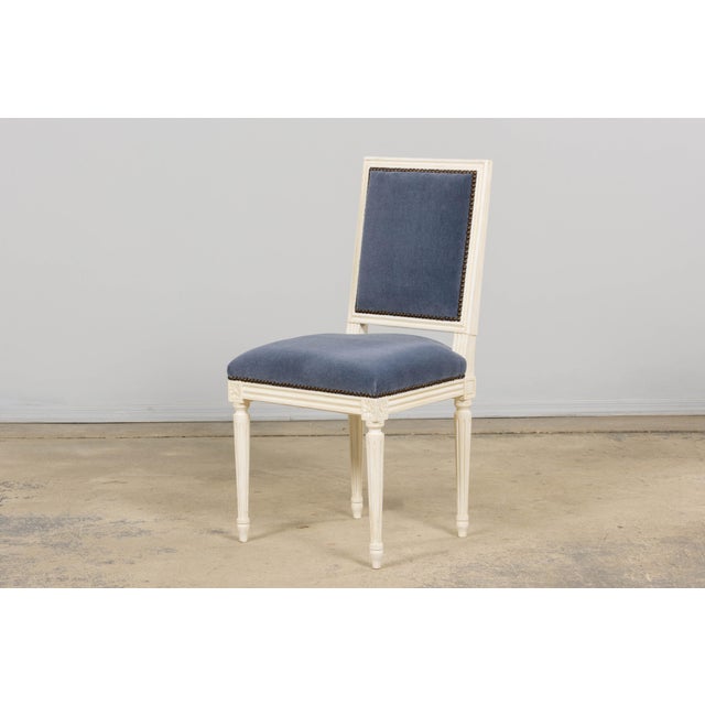 Antique French Louis XVI Style Painted Side Chairs W/ Blue Mohair – A Pair For Sale - Image 14 of 18