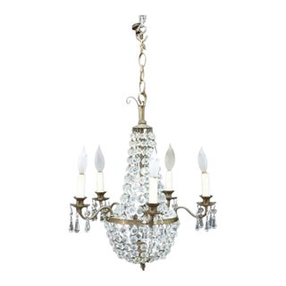 Vintage Italian Brass & Cut Crystal 5 Light Chandelier C1950 For Sale