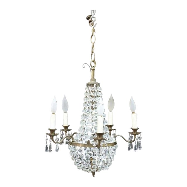 Vintage Italian Brass & Cut Crystal 5 Light Chandelier C1950 For Sale