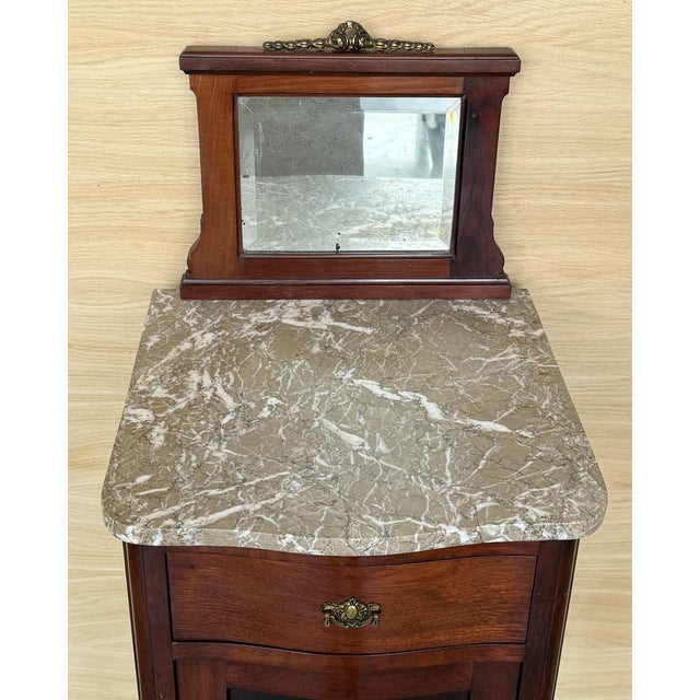 1900 - 1909 Art Nouveau Mahogany Nightstands with Crest Marble Top, 1900s, Set of 2 For Sale - Image 5 of 11