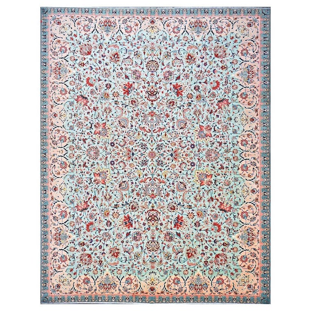 Antique Persian Tabriz Emad Wool 10x12 Mint Green, Red & Pink Handmade Area Rug #9902603 For Sale