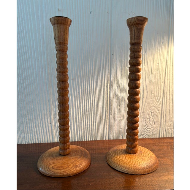 Pair Antique 11" Bobbin Turned Oak Candlesticks For Sale - Image 4 of 5