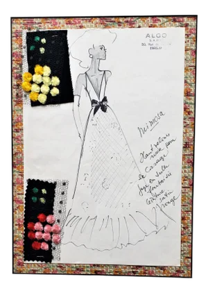 Matted Original French Fashion Drawing With Fabric