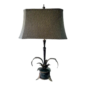 Vintage Maitland Smith Style Cast Iron Palm Tree Pot Striped Shade Table Lamp