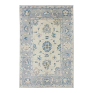 Early 21st Century Blue Floral Handwoven Wool Turkish Oushak Rug 4'10" X 7'7" For Sale