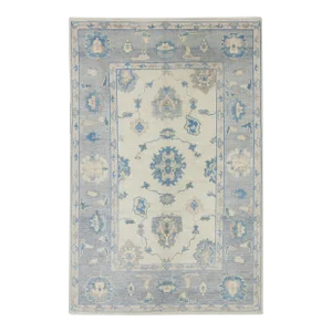 Early 21st Century Blue Floral Handwoven Wool Turkish Oushak Rug 4'10" X 7'7"