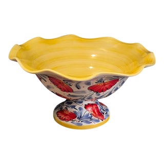 Footed Scalloped Edge Spanish Pottery Painted Enamel Poppies Center Piece Bowl For Sale