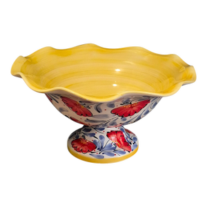 Footed Scalloped Edge Spanish Pottery Painted Enamel Poppies Center Piece Bowl