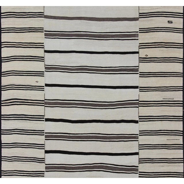 Large Vintage Turkish Kilim Rug With Vertical Stripes in Cream and Brown For Sale - Image 4 of 11