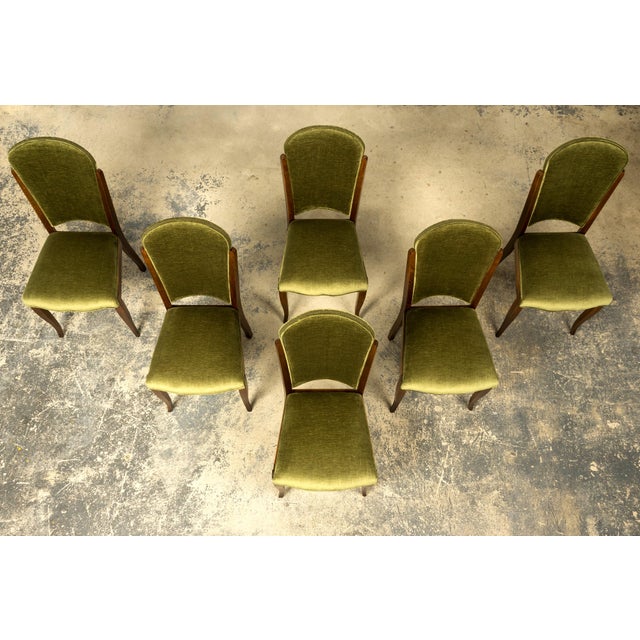 1930s Set of Six 1930s French Art Deco Maple Dining Chairs in Olive Green Velvet For Sale - Image 5 of 18
