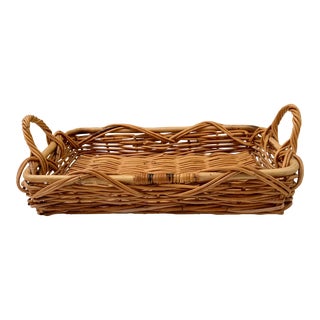 Vintage Large French Thick Woven Wicker Rattan Bread Basket Tray For Sale