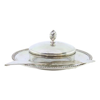 Silver and Glass Butter Dish with Pearly Rim, Knob Lid and Knife, Set of 2 For Sale