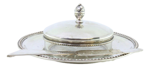 Silver and Glass Butter Dish with Pearly Rim, Knob Lid and Knife, Set of 2