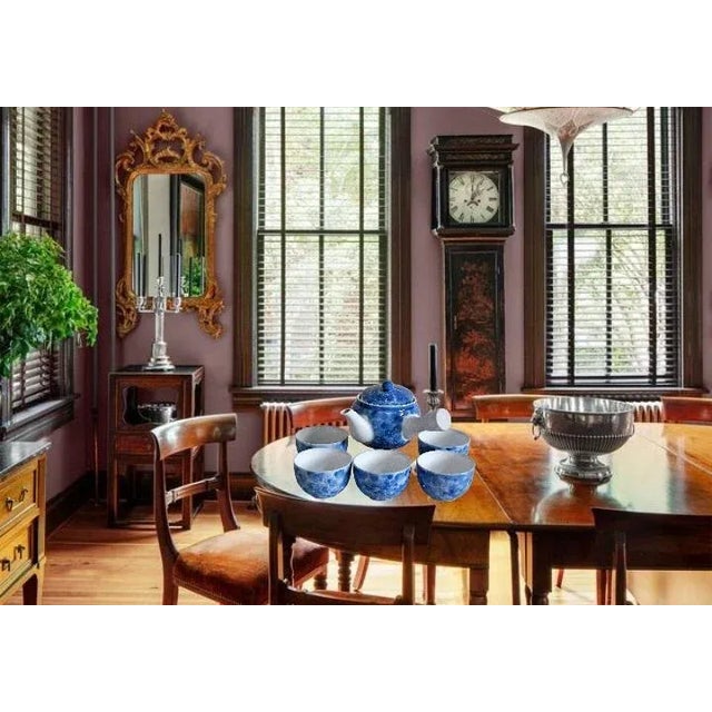 Ceramic Koransha Fukagawa Blue Porcelain Tea Set Sakura Chawans and Tea Pot - 6 Piece Set For Sale - Image 7 of 9