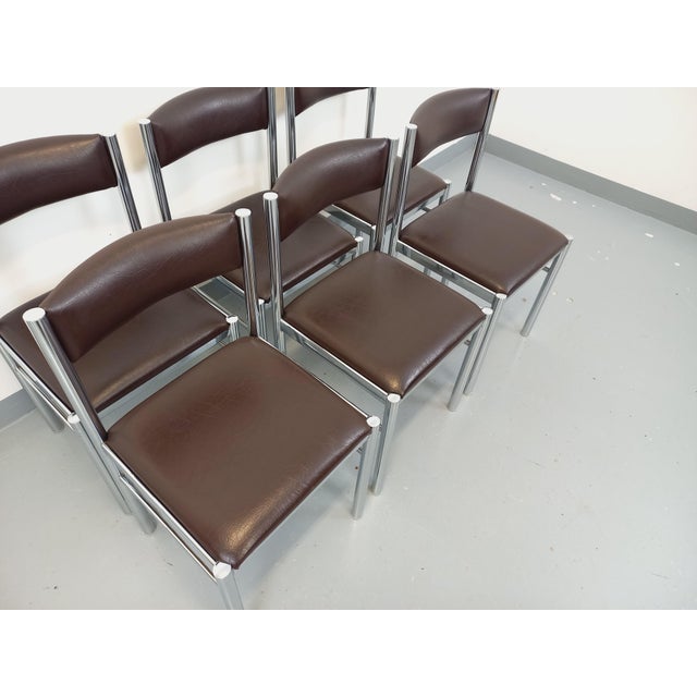 Vintage Chairs in Chromed Metal and Brown Imitation Leather, 1970s, Set of 6 For Sale - Image 6 of 18