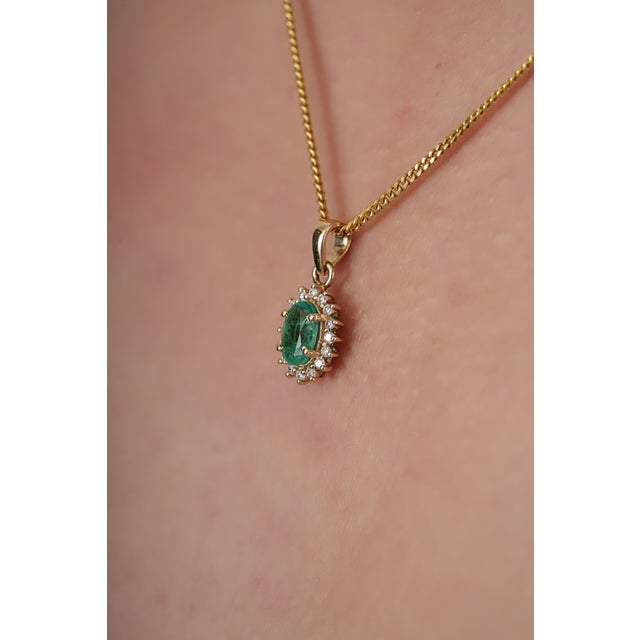 Contemporary Vintage Inspired Emerald & Diamond Halo Sunburst Pendant in 14k Yellow Gold For Sale - Image 3 of 16