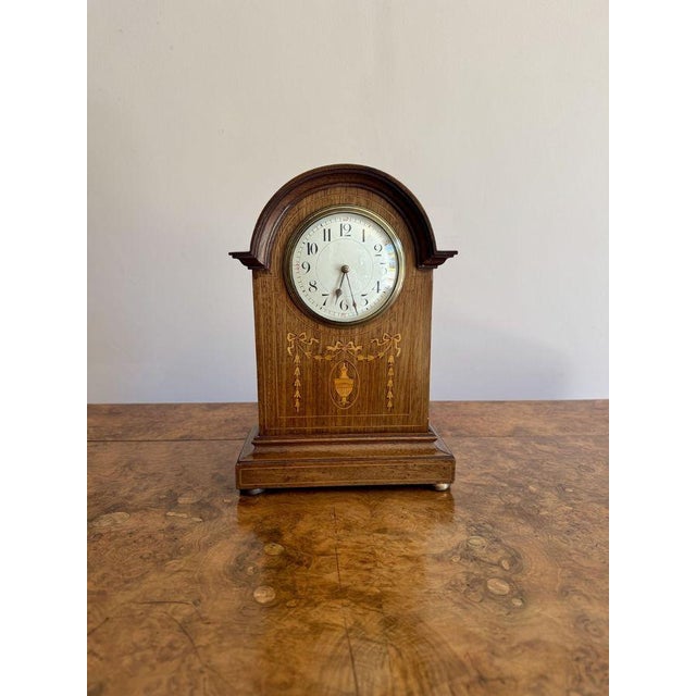 Metal Antique Edwardian Mahogany Inlaid Mantle Clock, 1900s For Sale - Image 7 of 7
