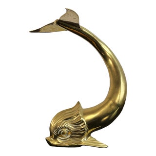 Vintage 16" Tall Brass Asian Dolphin Figural Table Decor For Sale