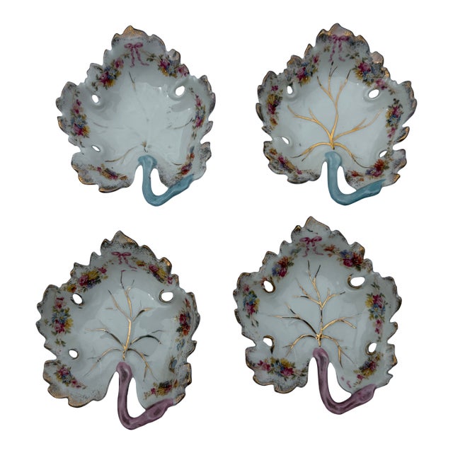 Vintage Hand-Painted Porcelain Leaf Dishes With Pink & Blue Stems - Set of 4 For Sale